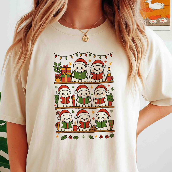 Christmas Ghost Reading Cozy Holiday Book Lover T-shirt S-5XL