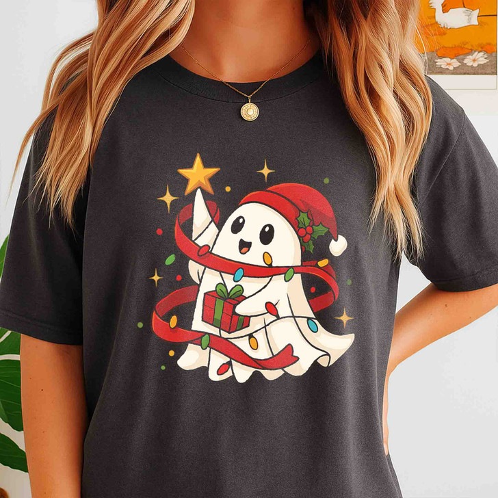 Cute Ghost Holiday Lights Spooky Merry Xmas T-shirt S-5XL