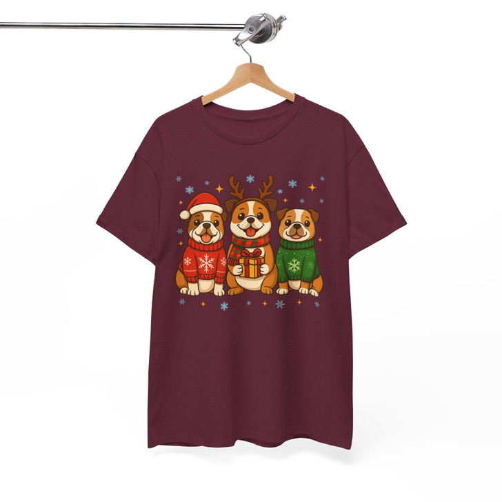 Bulldog Christmas Santa Reindeer Funny Holiday T-shirt S-5XL
