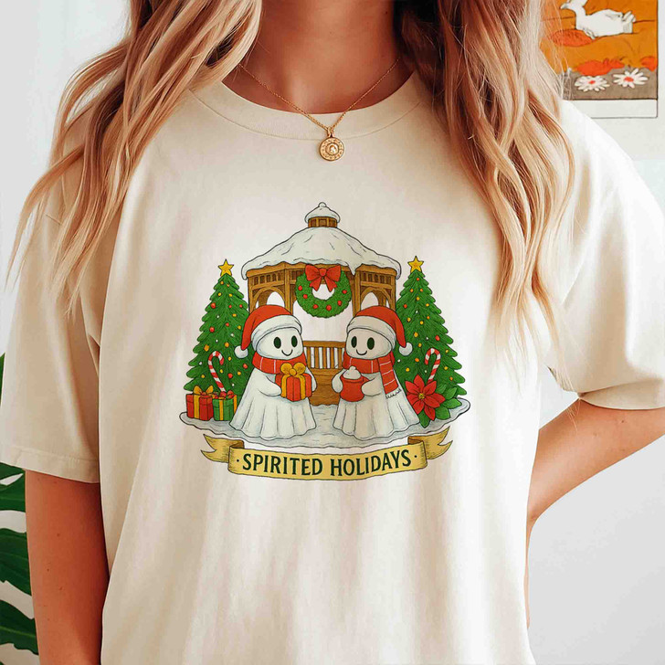 Patchwork Ghost Floral Xmas Lights Santa Hat Cute Holiday T-shirt S-5XL