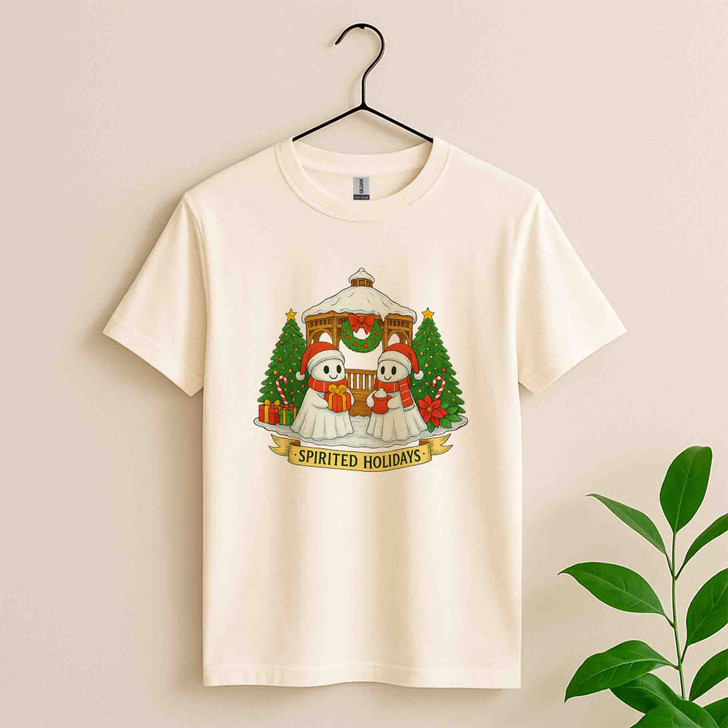 Patchwork Ghost Floral Xmas Lights Santa Hat Cute Holiday T-shirt S-5XL