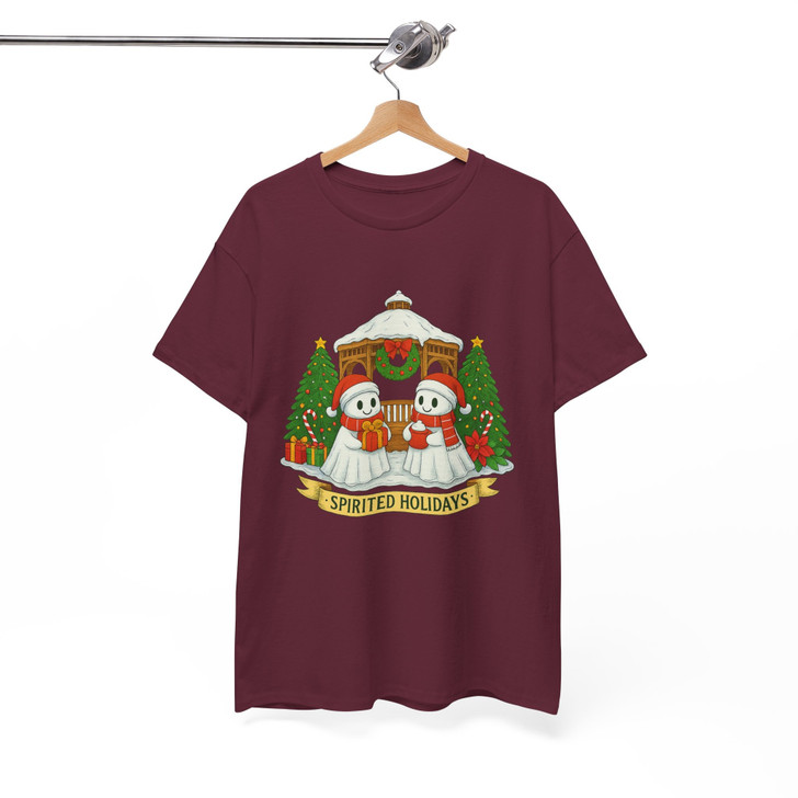 Patchwork Ghost Floral Xmas Lights Santa Hat Cute Holiday T-shirt S-5XL