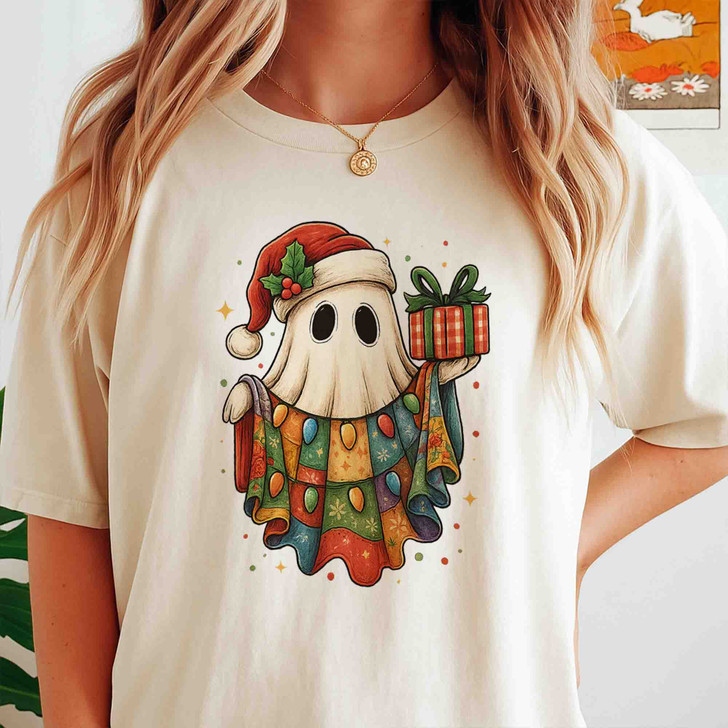 Patchwork Ghost Floral Holiday Lights Santa Hat Cozy T-shirt S-5XL