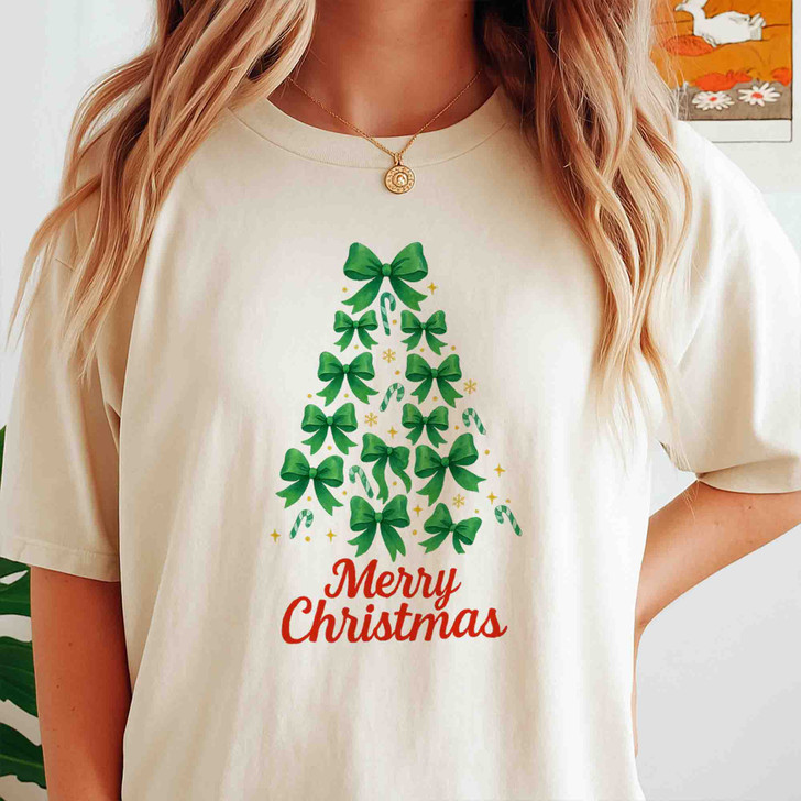 Coquette Pink Bow Merry Christmas Tree Preppy T-shirt S-5XL