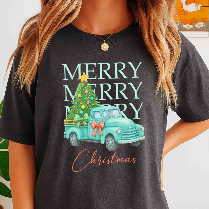 Pink Retro Merry Christmas Truck Coquette Tree T-shirt S-5XL