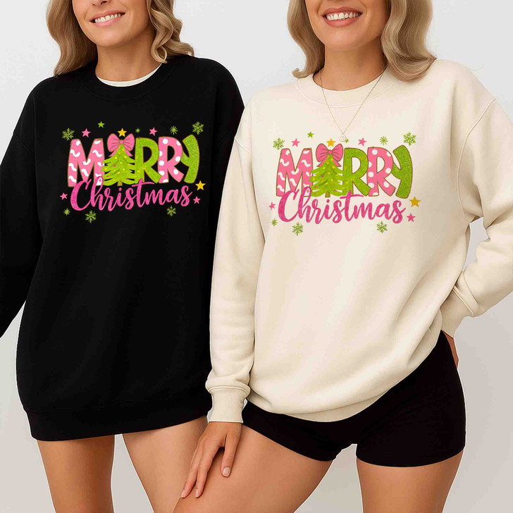 Coquette Bow Christmas Tree Merry Holiday Crewneck Sweatshirt S-5XL