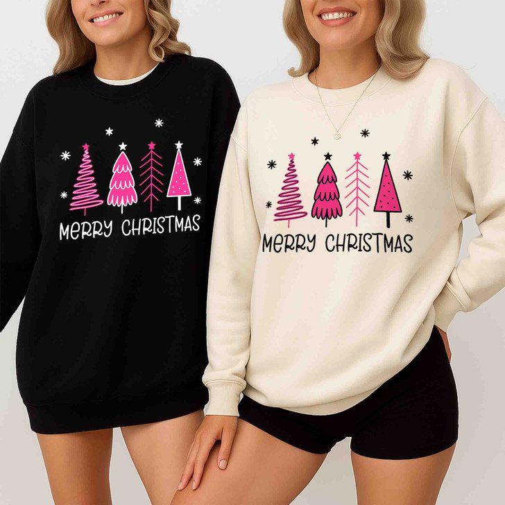Pink Minimalist Christmas Tree Cozy Holiday Sweatshirt S-5XL
