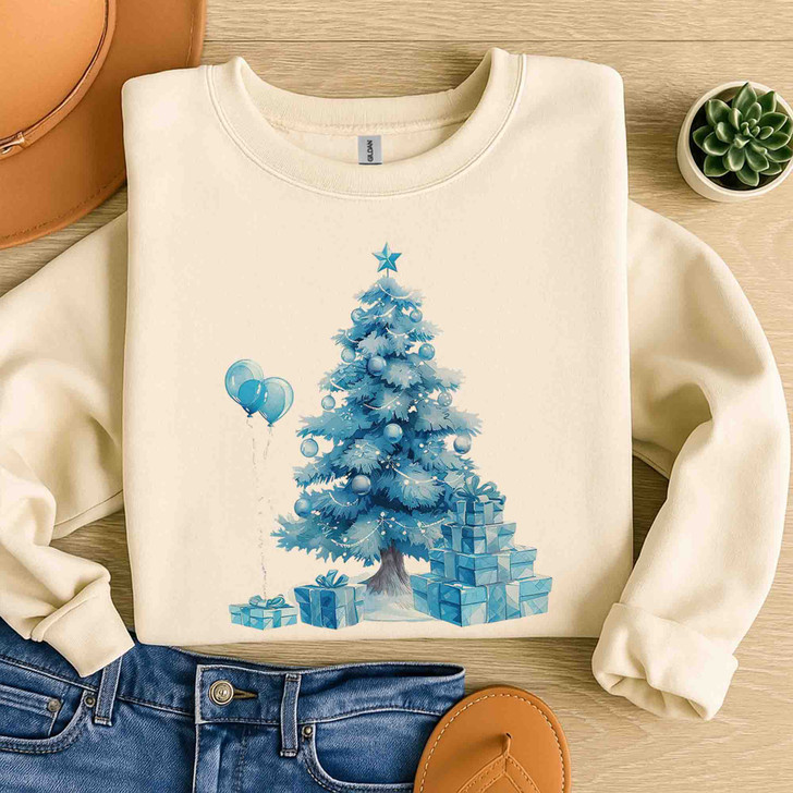 Coquette Blue Bow Christmas Tree Preppy Holiday Sweatshirt S-5XL
