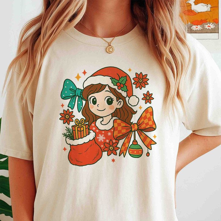 Coquette Pink Bow Girly Santa Holiday T-shirt S-5XL