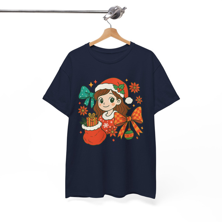 Coquette Pink Bow Girly Santa Holiday T-shirt S-5XL
