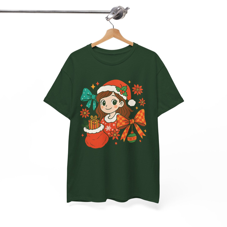 Coquette Pink Bow Girly Santa Holiday T-shirt S-5XL