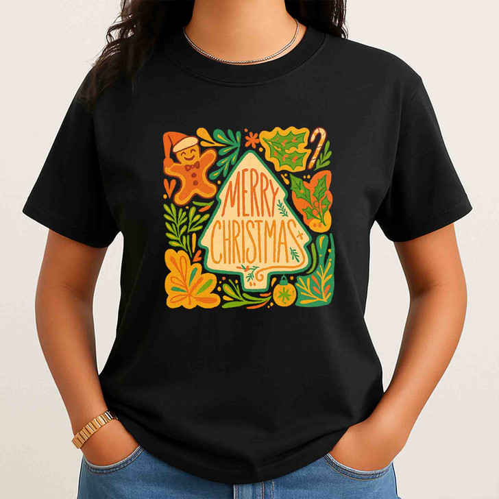 Boho Floral Retro Christmas Tree Gingerbread Girly Holiday T-shirt S-5XL