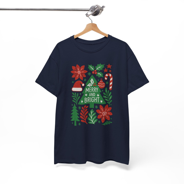 Merry and Bright Preppy Floral Christmas Tree Santa Hat T-shirt S-5XL