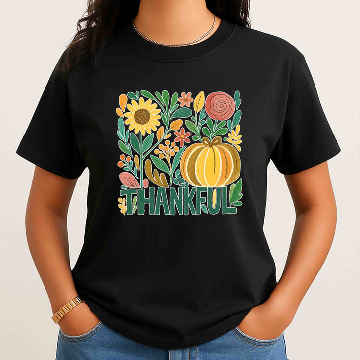 Give Thanks Retro Boho Floral Pumpkin Fall T-shirt S-5XL