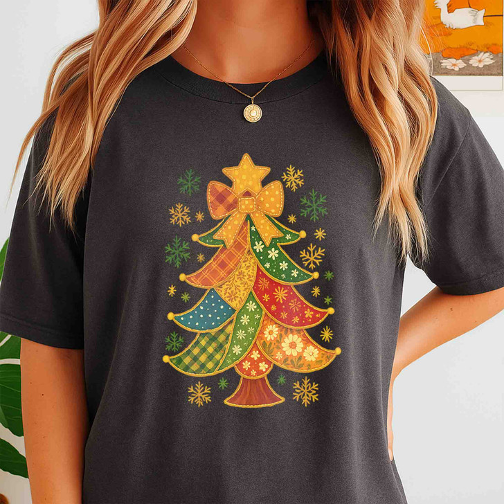 Patchwork Christmas Tree Trendy Holiday T-shirt S-5XL