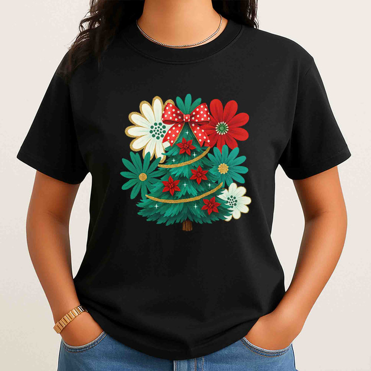 Colorful Boho Glitter Christmas Tree Floral T-shirt S-5XL