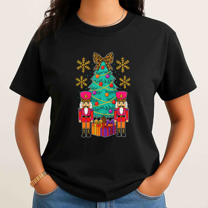 Retro Nutcracker Xmas Tree Leopard Gift Box T-shirt S-5XL