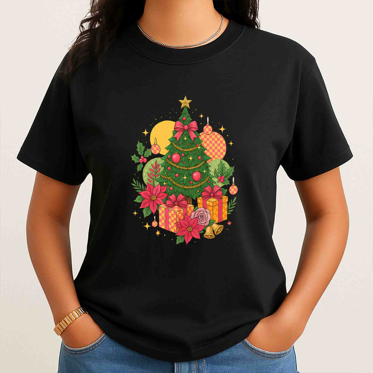 Coquette Pink Retro Christmas Tree Holiday T-shirt S-5XL