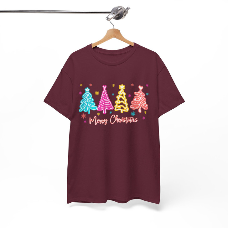 Merry and Bright Neon Christmas Tree Coquette Bow T-shirt S-5XL