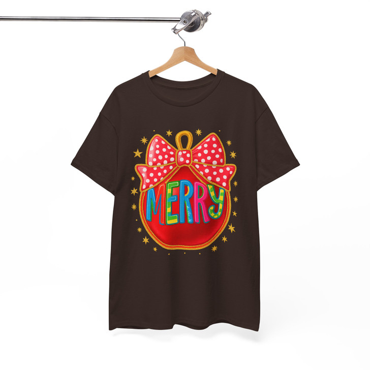 Colorful Glitter Merry Ornament Coquette Bow Holly Jolly T-shirt S-5XL