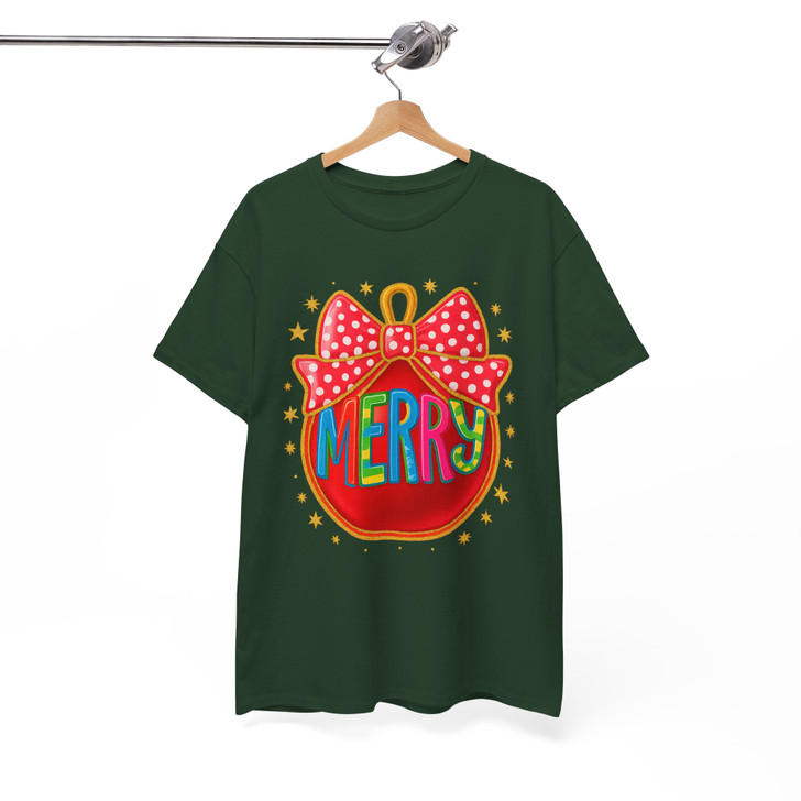 Colorful Glitter Merry Ornament Coquette Bow Holly Jolly T-shirt S-5XL