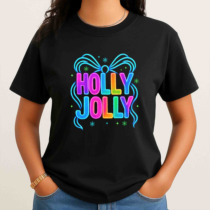 Holly Jolly Preppy Bow Brushstroke Holiday T-shirt S-5XL
