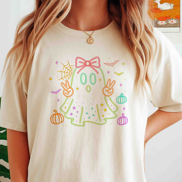 Neon Boo Halloween Cute Ghost Bow T-shirt S-5XL