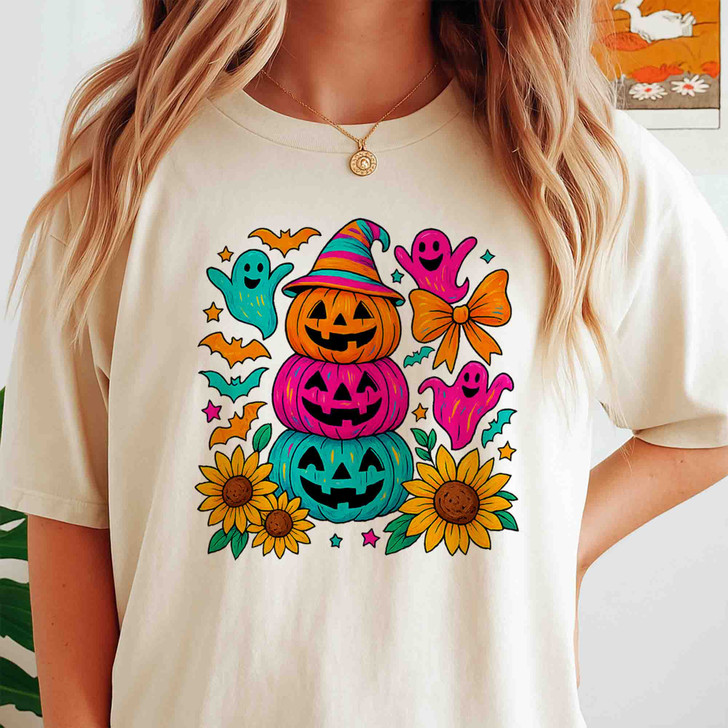 Preppy Neon Halloween Pumpkin Ghost Coquette Bow T-shirt S-5XL
