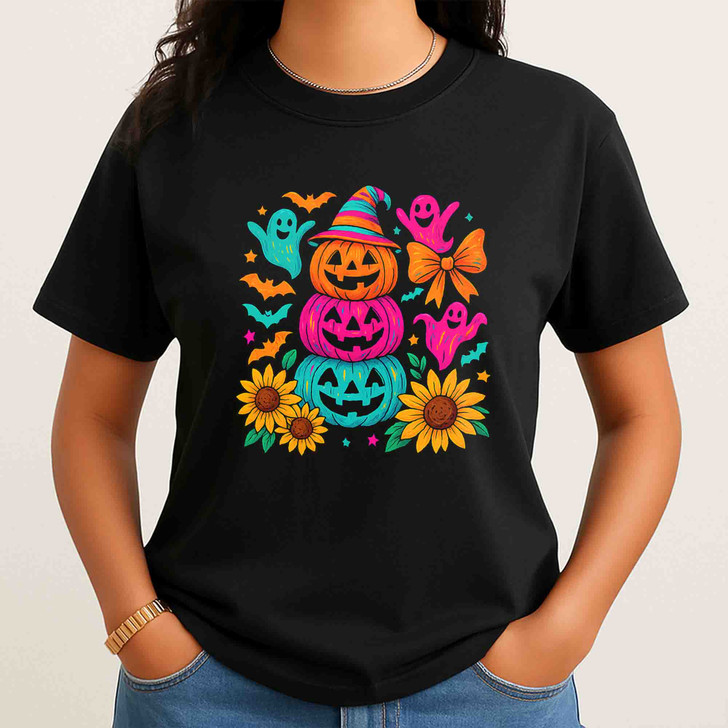 Preppy Neon Halloween Pumpkin Ghost Coquette Bow T-shirt S-5XL