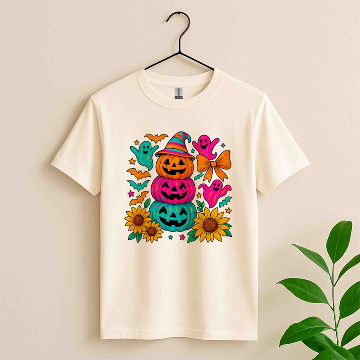 Preppy Neon Halloween Pumpkin Ghost Coquette Bow T-shirt S-5XL