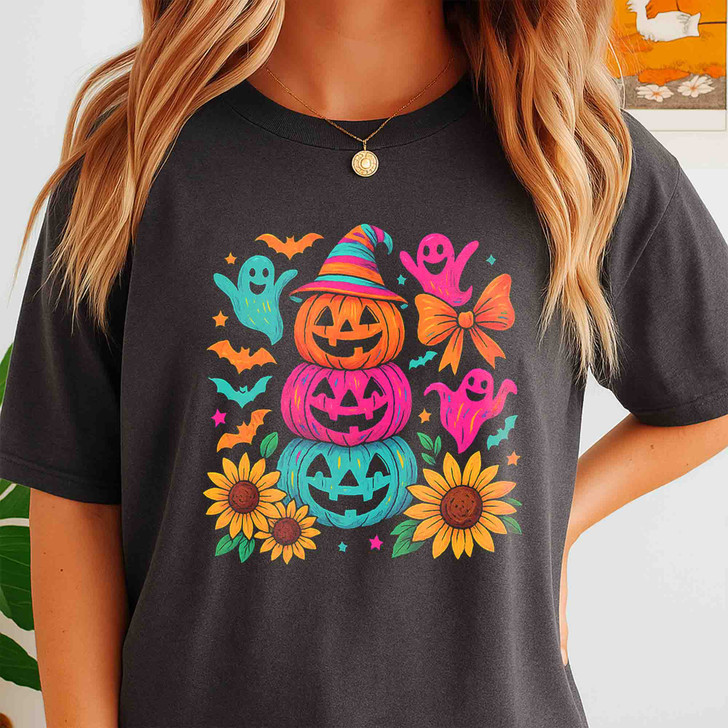 Preppy Neon Halloween Pumpkin Ghost Coquette Bow T-shirt S-5XL