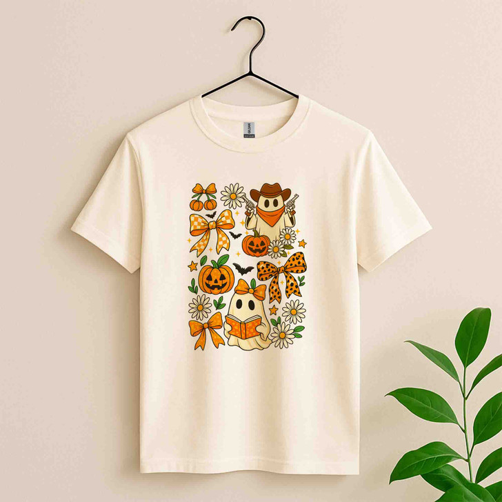 Vintage Halloween Ghost Coquette Floral Pumpkin Bow T-shirt S-5XL