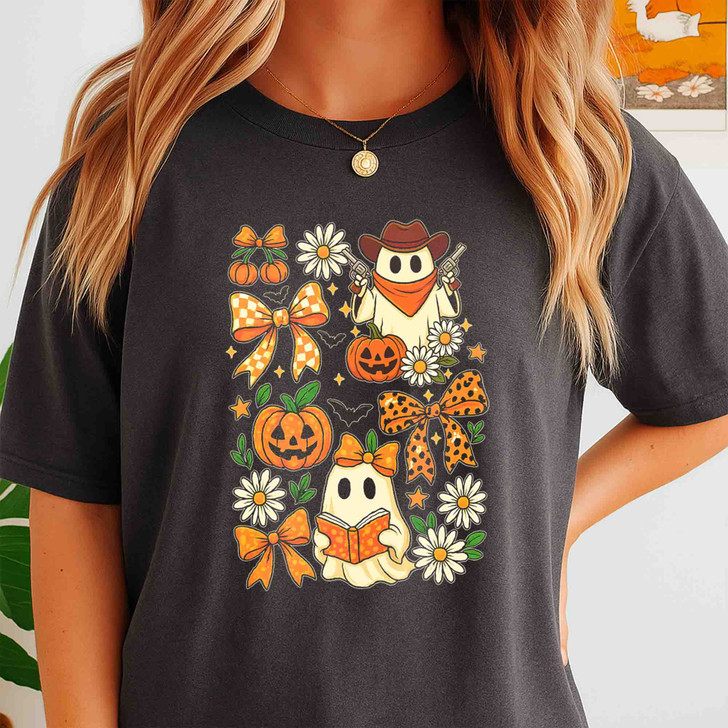 Vintage Halloween Ghost Coquette Floral Pumpkin Bow T-shirt S-5XL