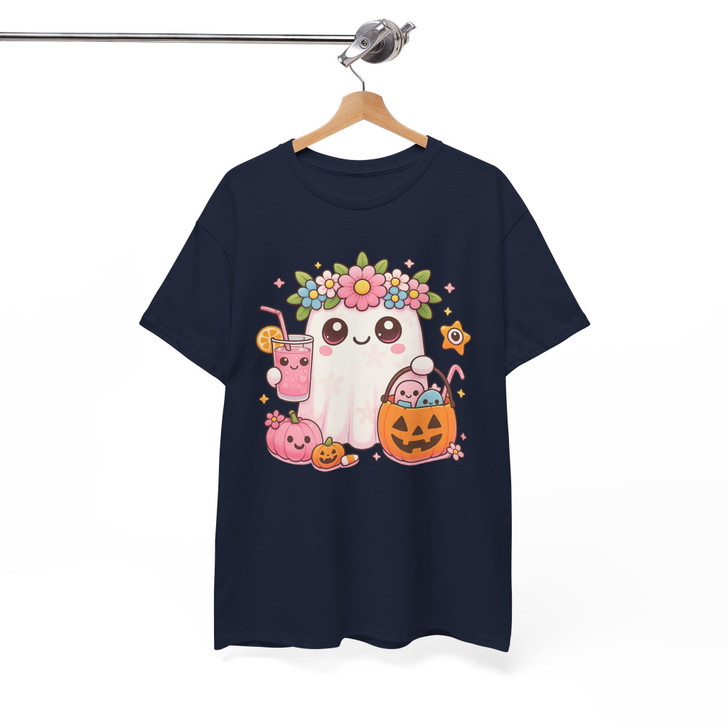 Cute Ghost with Flowers Candy Drink Summer Halloween T-shirt S-5XL