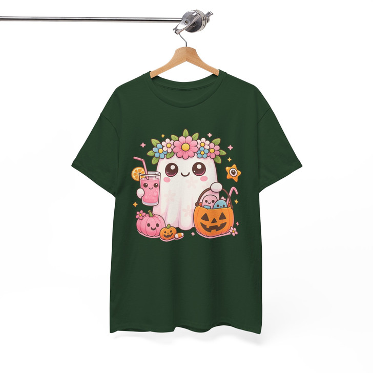 Cute Ghost with Flowers Candy Drink Summer Halloween T-shirt S-5XL
