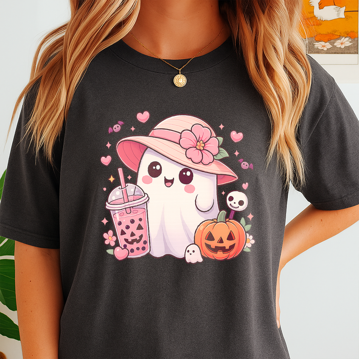 Halloween Ghost Bubble Tea Pumpkin Sublimation T-shirt S-5XL