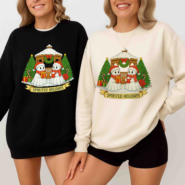 Patchwork Ghost Floral Xmas Lights Santa Hat Cute Holiday Sweatshirt S-5XL