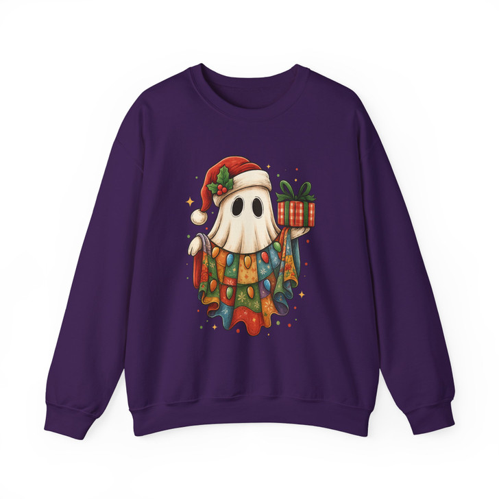 Patchwork Ghost Floral Holiday Lights Santa Hat Cozy Sweatshirt S-5XL