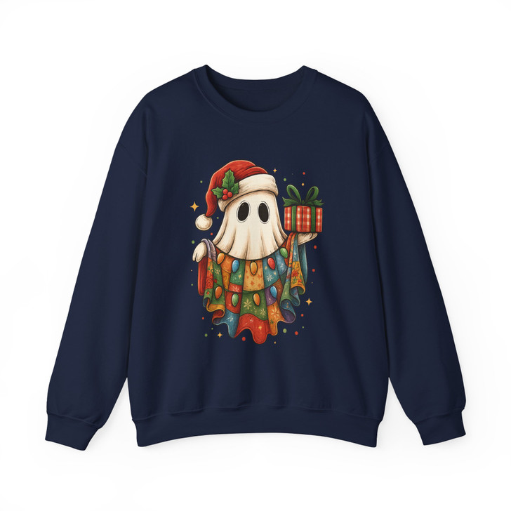 Patchwork Ghost Floral Holiday Lights Santa Hat Cozy Sweatshirt S-5XL