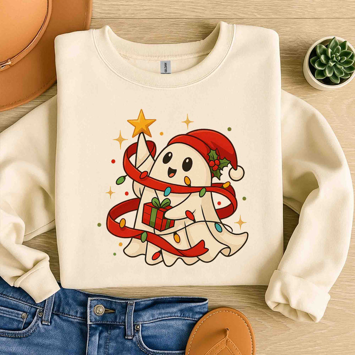Cute Ghost Holiday Lights Spooky Merry Xmas Sweatshirt S-5XL