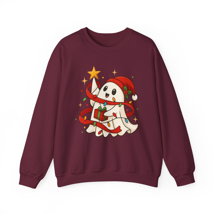Cute Ghost Holiday Lights Spooky Merry Xmas Sweatshirt S-5XL
