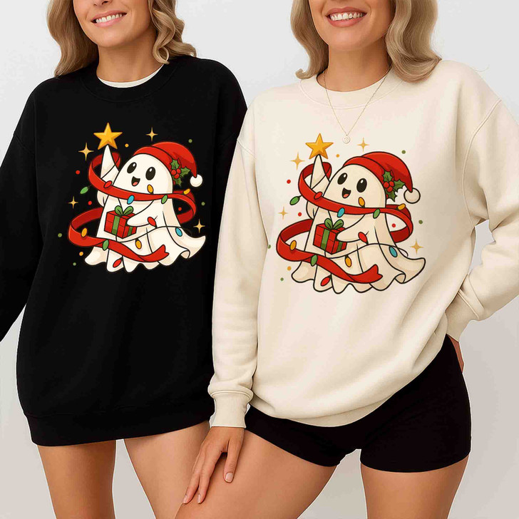 Cute Ghost Holiday Lights Spooky Merry Xmas Sweatshirt S-5XL