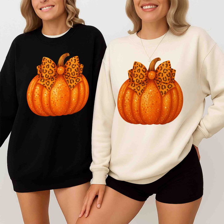 Pink Pumpkin Coquette Bow Faux Glitter Autumn Sweatshirt S-5XL