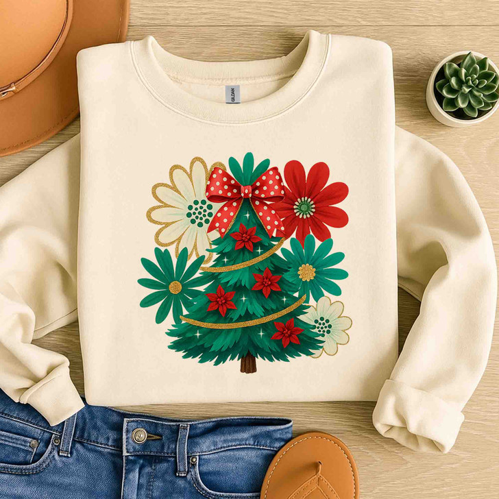 Colorful Boho Glitter Christmas Tree Floral Sweatshirt S-5XL