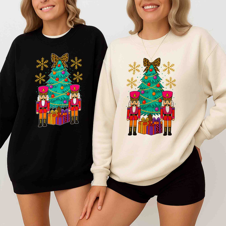 Retro Nutcracker Xmas Tree Leopard Gift Box Sweatshirt S-5XL