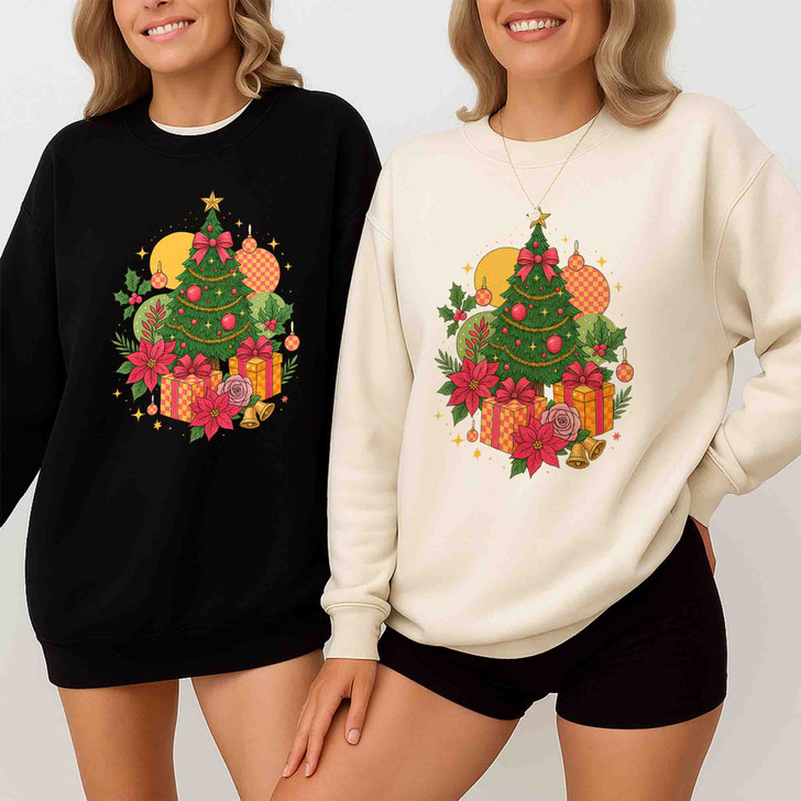 Coquette Pink Retro Christmas Tree Holiday Sweatshirt S-5XL