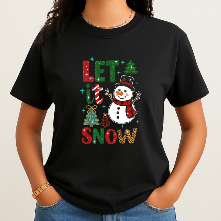 Let It Snow Winter Christmas Cute Snowman Leopard Tree T-shirt S-5XL