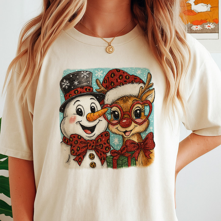 Christmas Snowman & Reindeer Preppy Holiday Brushstroke T-shirt S-5XL