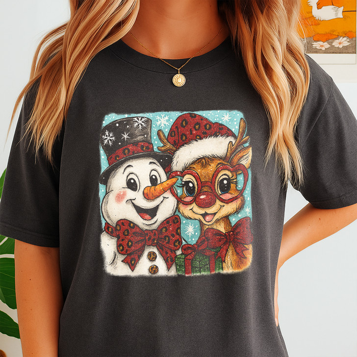 Christmas Snowman & Reindeer Preppy Holiday Brushstroke T-shirt S-5XL