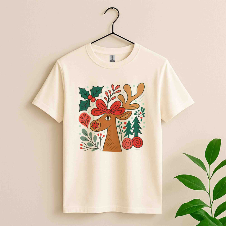 Retro Reindeer Boho Floral Christmas Preppy Holiday T-shirt S-5XL